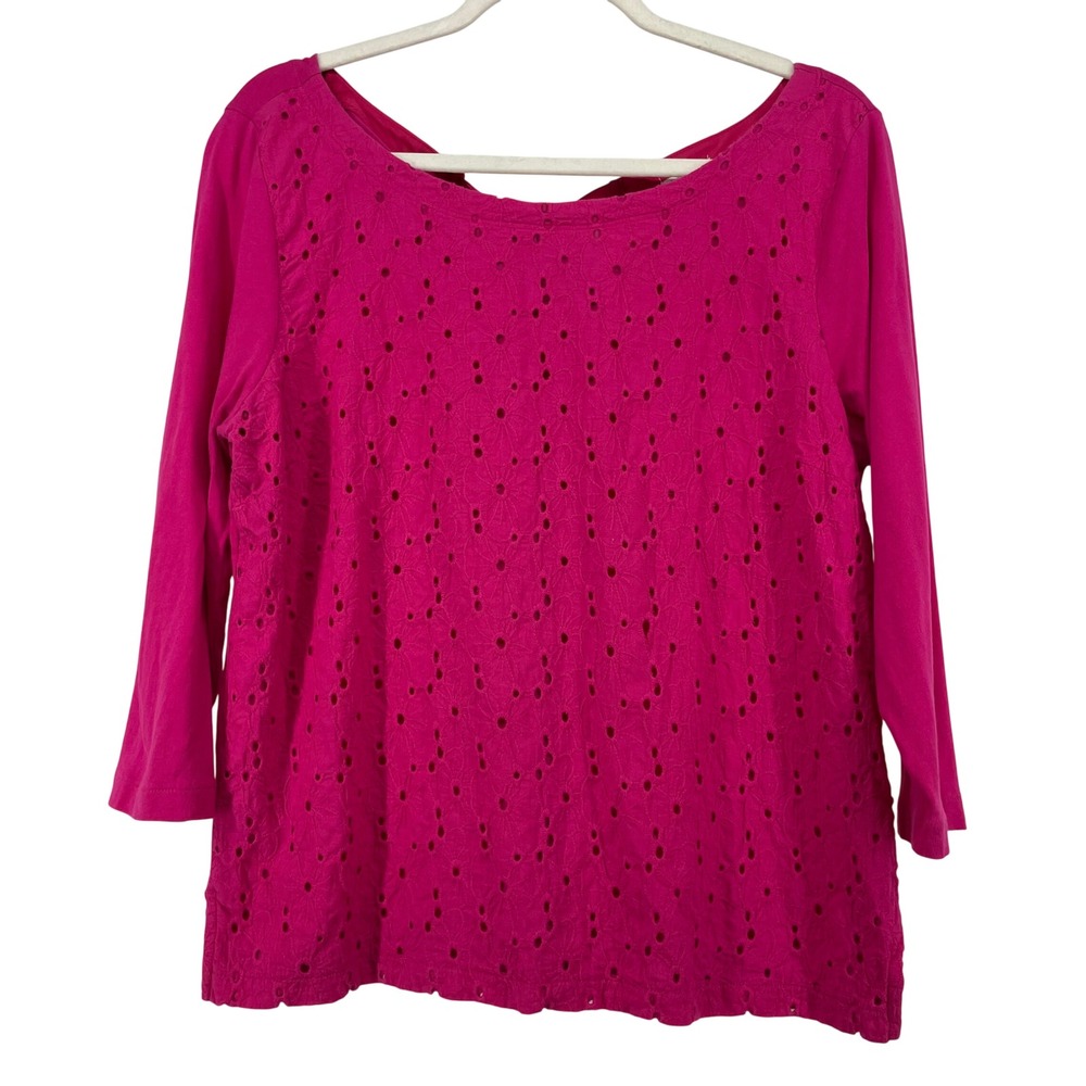 J.Crew Size Large Eyelet Embroidered Top Pink Back Bow 3/4 Sleeve Womens Classic
